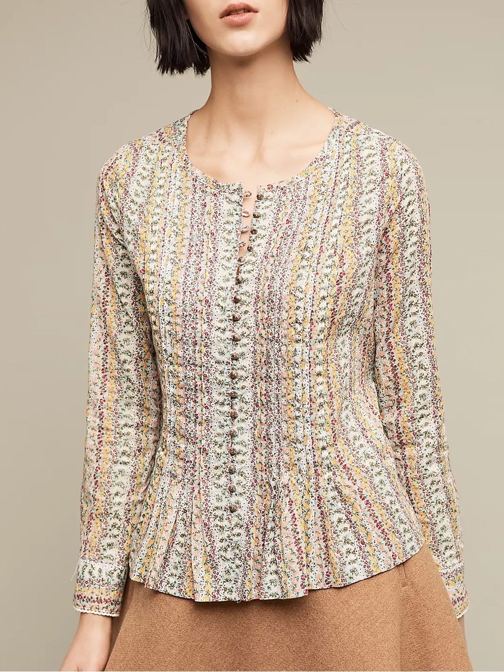 Maeve Anthropologie XS Floral Pintuck Blouse Cottagecore Boho Prairie Top
